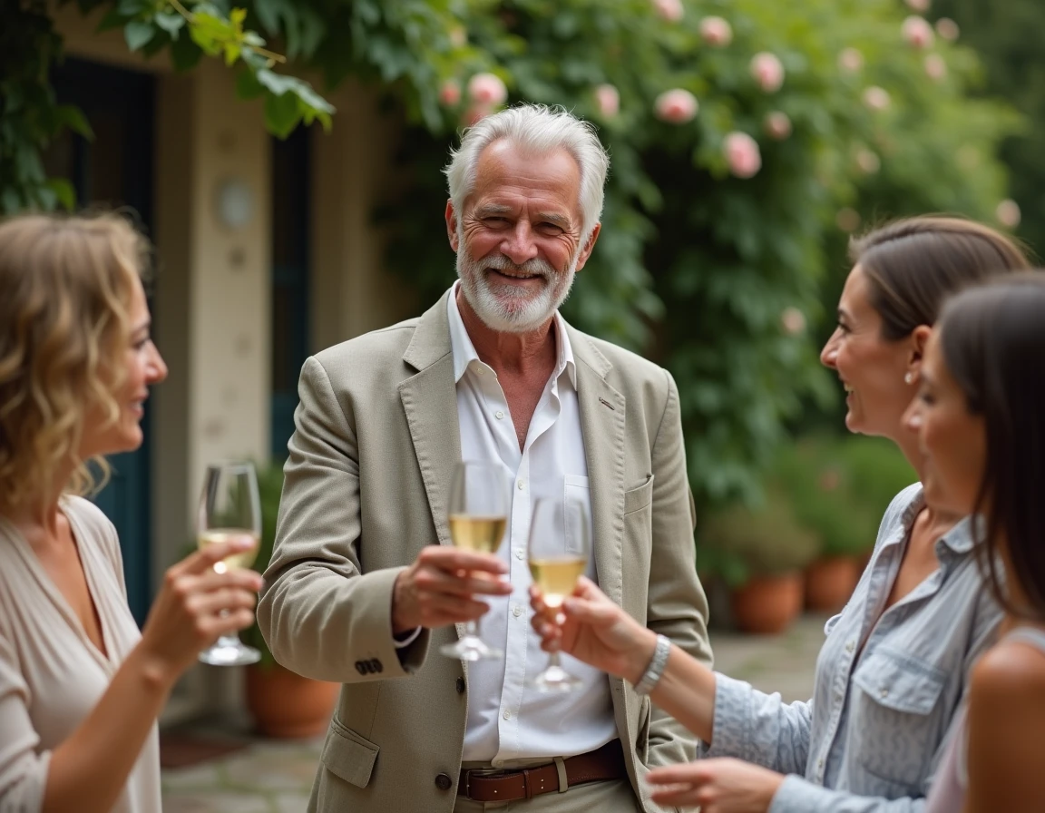 Homme de 70 ans portant un toast avec ses amis dans un jardin fleuri lors de sa fête d'anniversaire