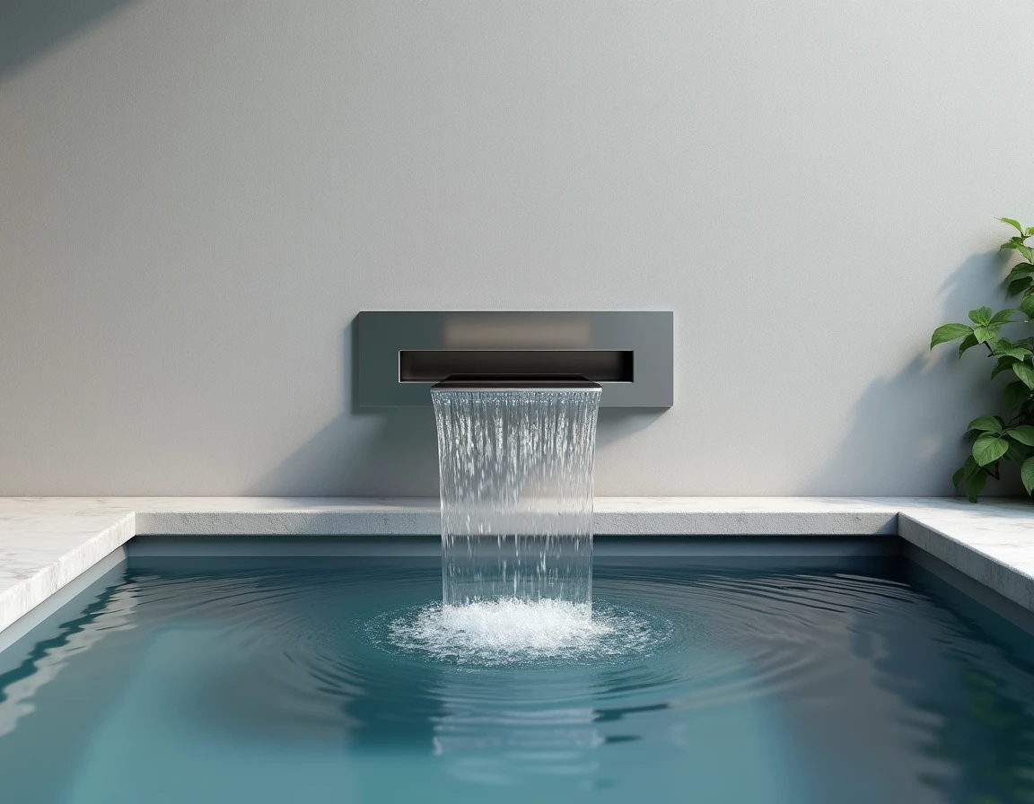 Fontaine murale intégrée en acier inoxydable brossé avec lame d'eau tombant dans un bassin de piscine extérieure