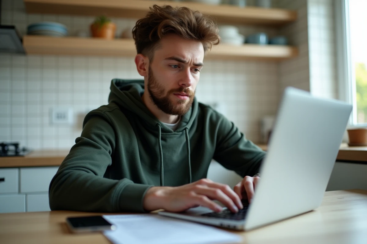 Jeune homme complétant un formulaire d'assurance en ligne pour une voiture avec les documents du véhicule sur la table
