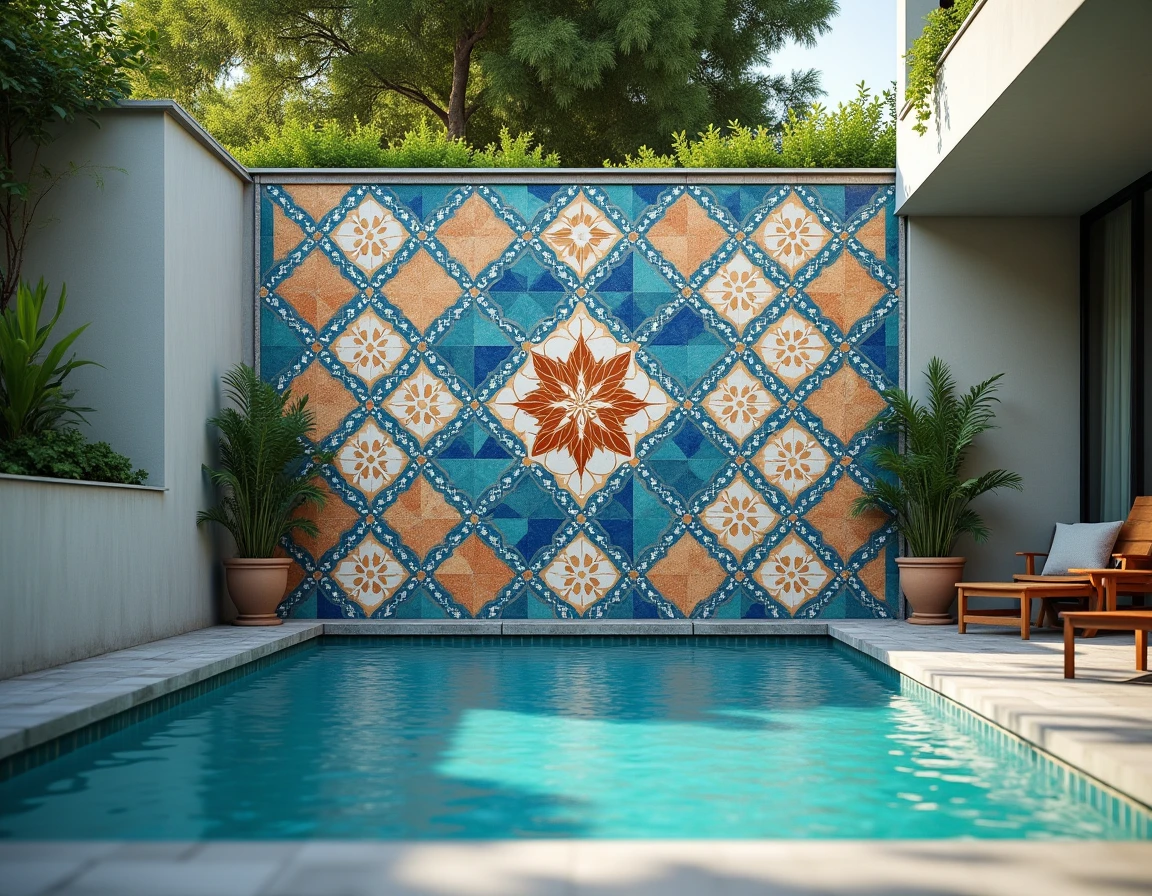 Fresque murale en carreaux de ciment extérieurs à motif géométrique marocain bleu et terracotta sur un mur de piscine