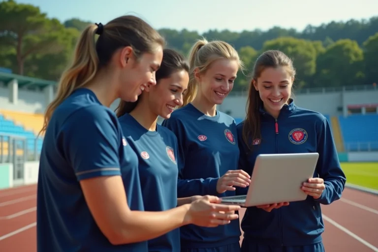 Jeunes athlètes sportifs en extérieur autour d'un ordinateur