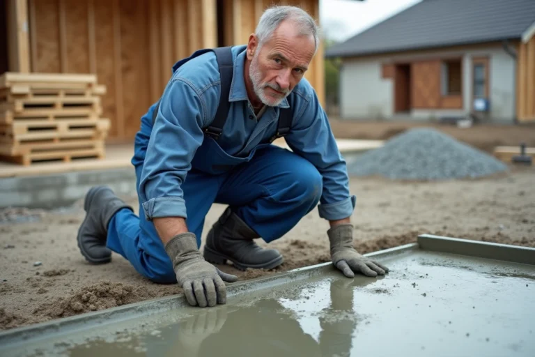 Ouvrier en overalls travaillant sur une dalle de béton fraîche