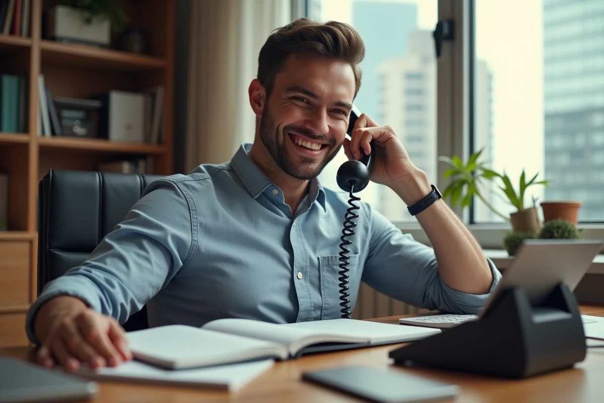 Homme au bureau utilisant un téléphone à cadran vintage