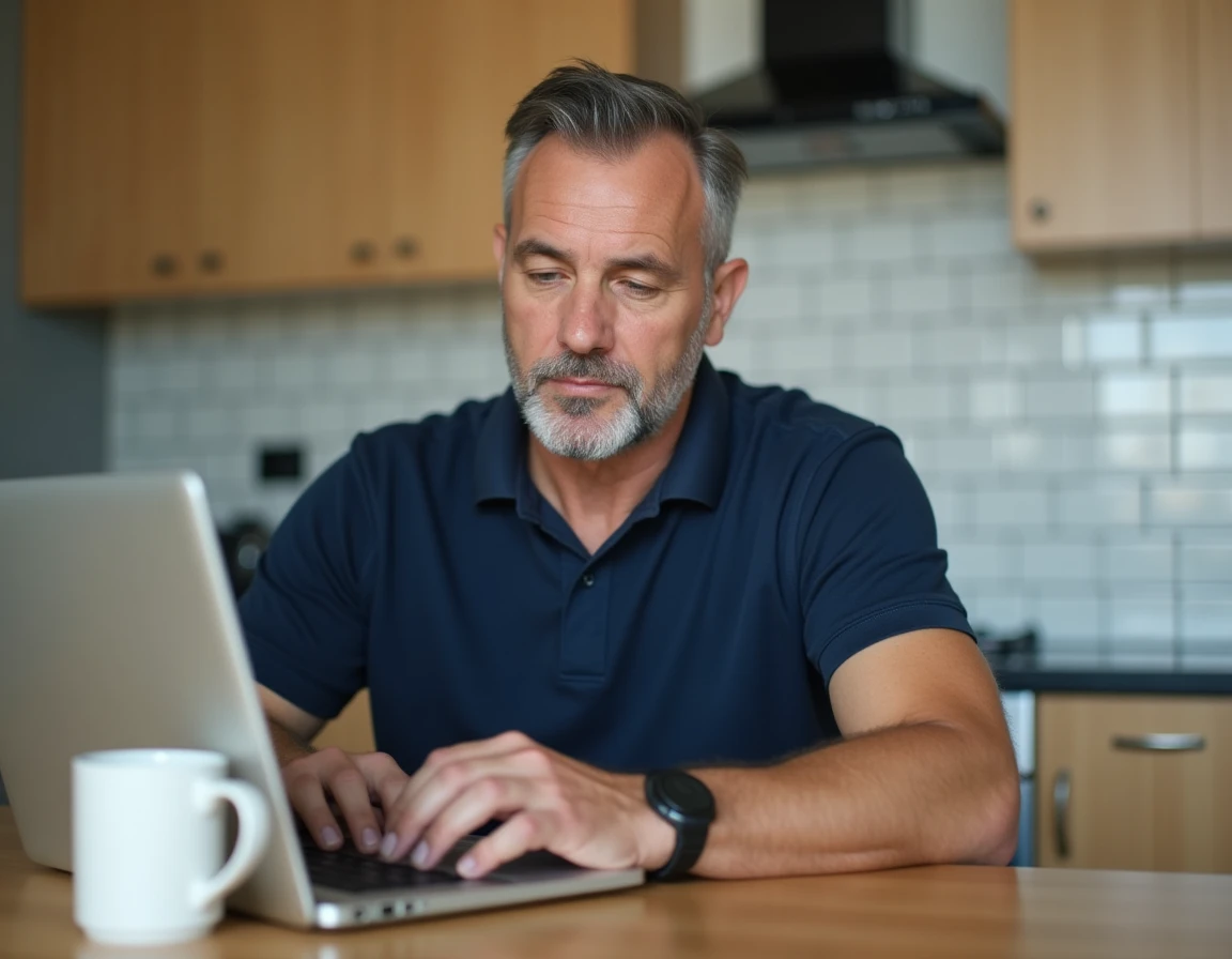 Homme effectuant une demande de relevé d'information sur le site Direct Assurance depuis sa cuisine
