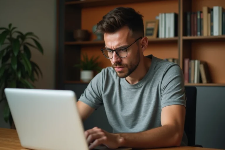 Homme frustré devant un ordinateur portable avec Chrome qui se ferme, assis dans un bureau à domicile moderne