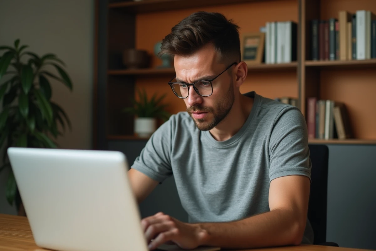 Homme frustré devant un ordinateur portable avec Chrome qui se ferme, assis dans un bureau à domicile moderne