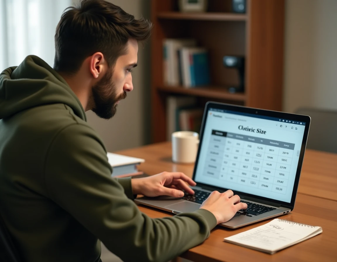 Homme consultant un guide des tailles en ligne sur son ordinateur portable pour commander sur Zalando
