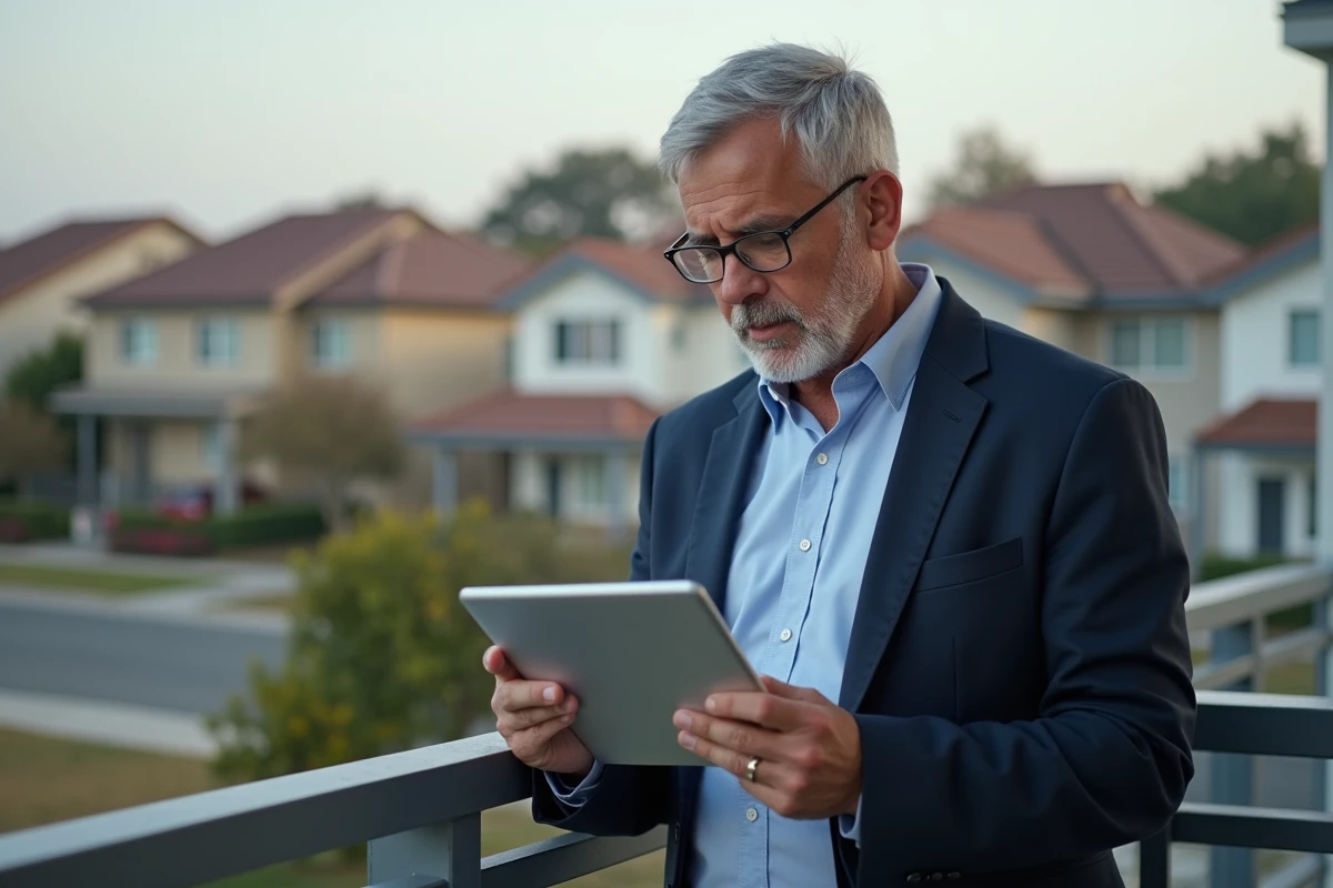 Homme examinant des annonces immobilières sur un balcon