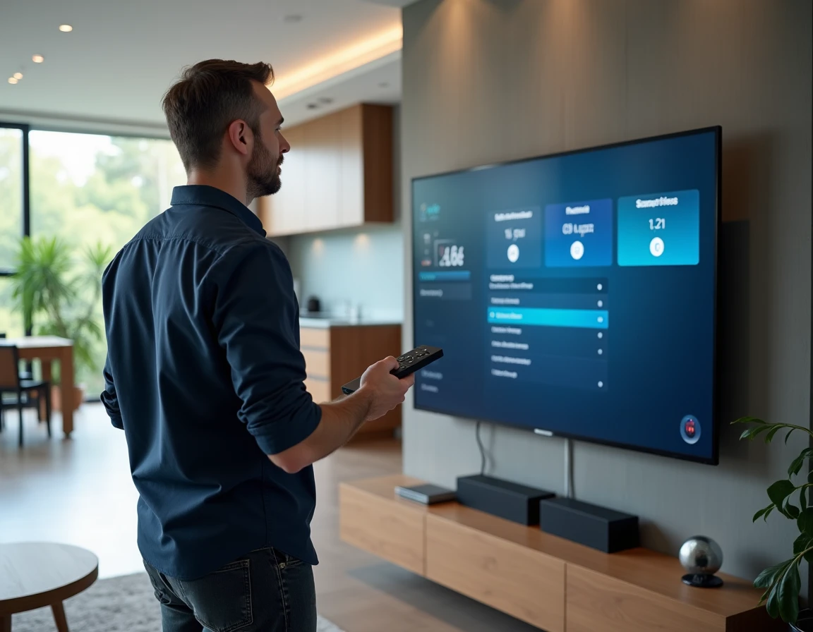 Homme naviguant dans le menu d'une application TV gratuite sur un téléviseur connecté moderne