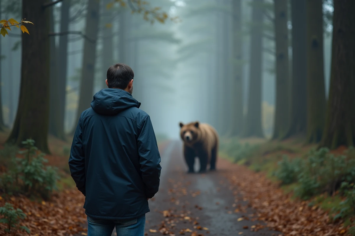 Homme face à un ours dans la forêt brumeuse