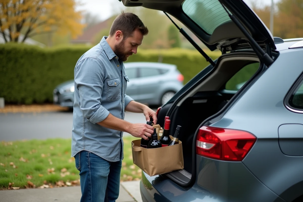 Homme arrangeant des bouteilles de vin dans le coffre d'une voiture