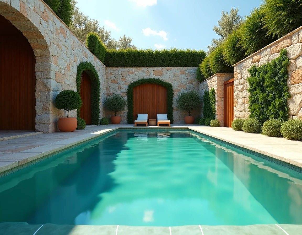 Vue d'ensemble d'une piscine extérieure entourée de murs décorés de divers habillages originaux dans un jardin méditerranéen