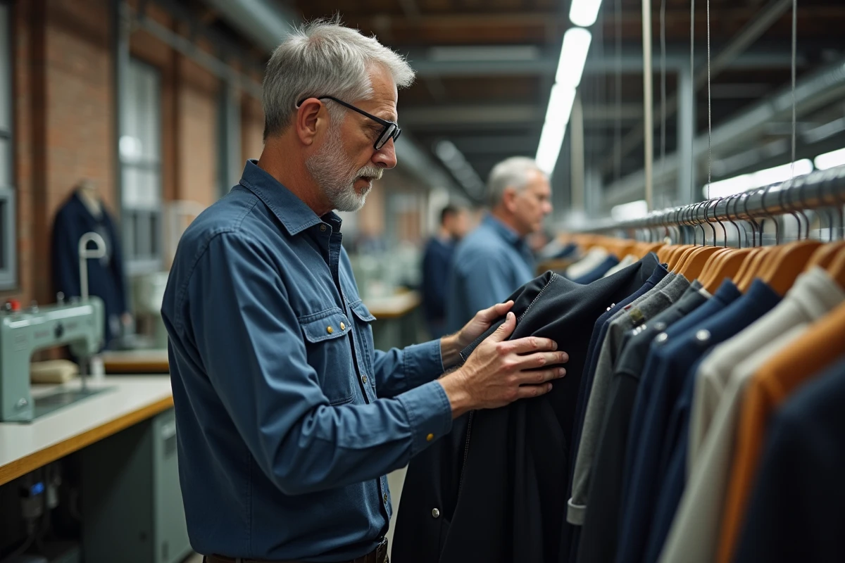 Homme inspectant des vêtements finis dans une usine