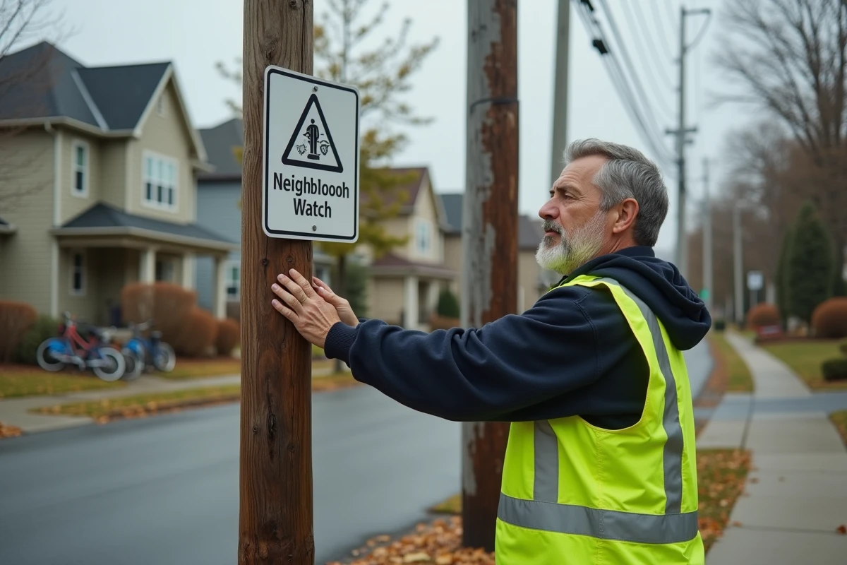 Bénévole installant un panneau de surveillance de quartier dans une rue résidentielle