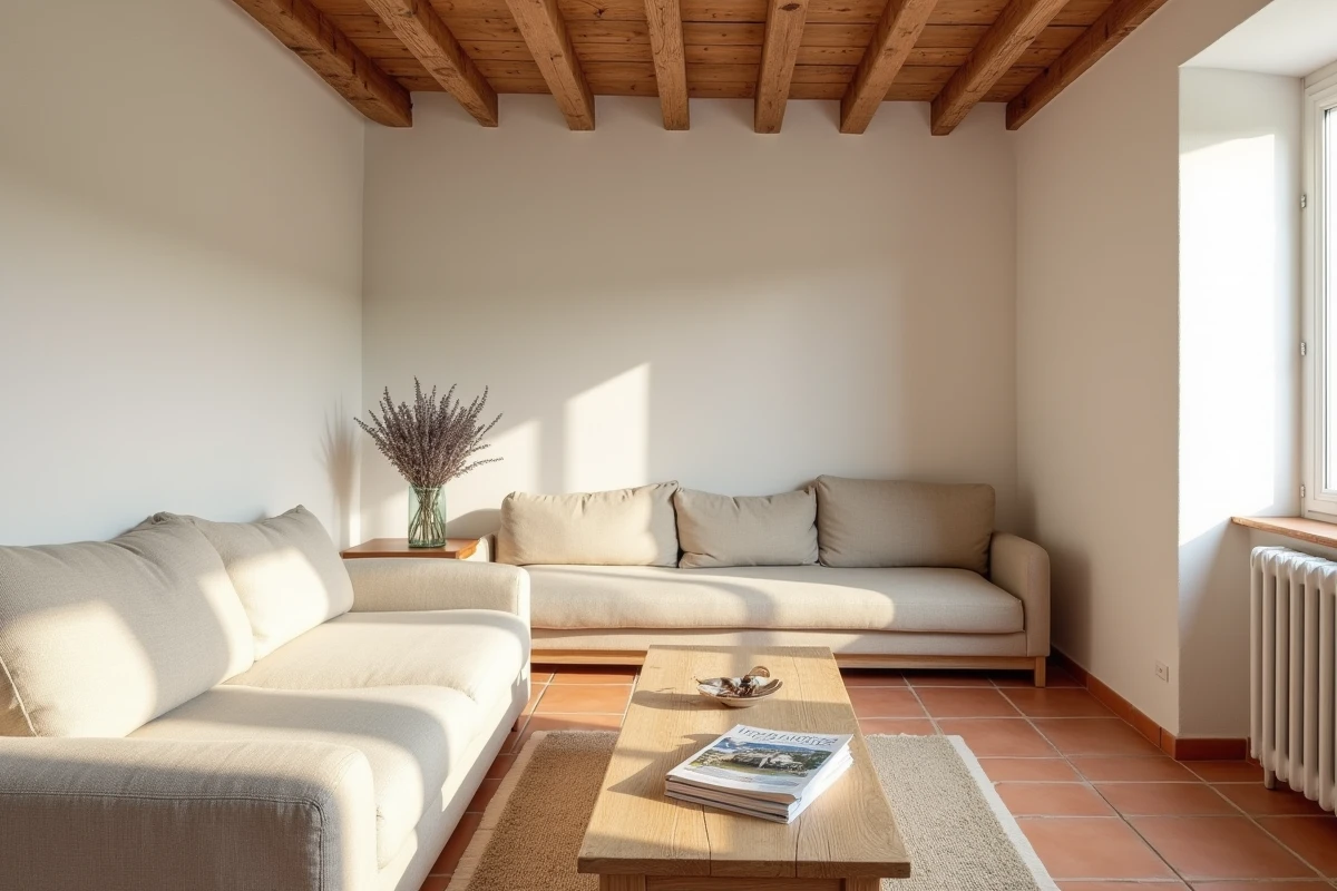 Intérieur d'une résidence secondaire provençale préparée pour la vente avec décoration sobre et clés de maison sur la table