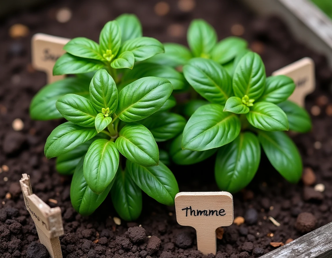 Vue aérienne d'un jardin potager avec du basilic entouré de plantes incompatibles marquées par des étiquettes en bois