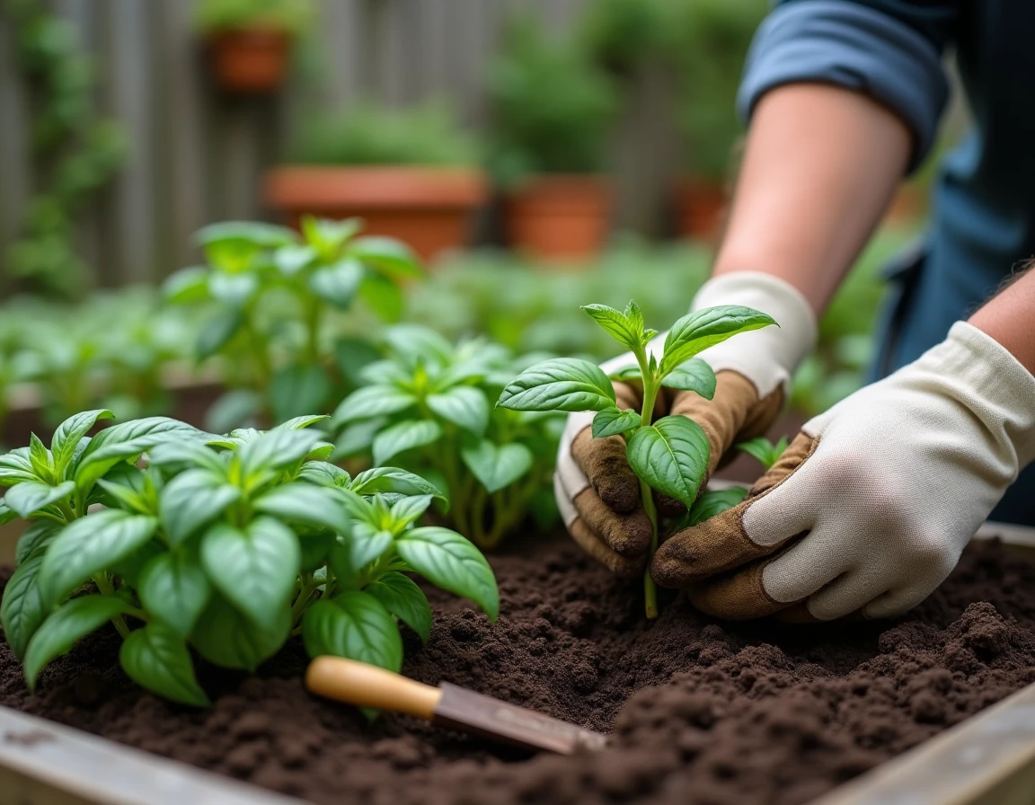 Mains gantées d'un jardinier transplantant un plant de basilic loin de la sauge dans un potager surélevé