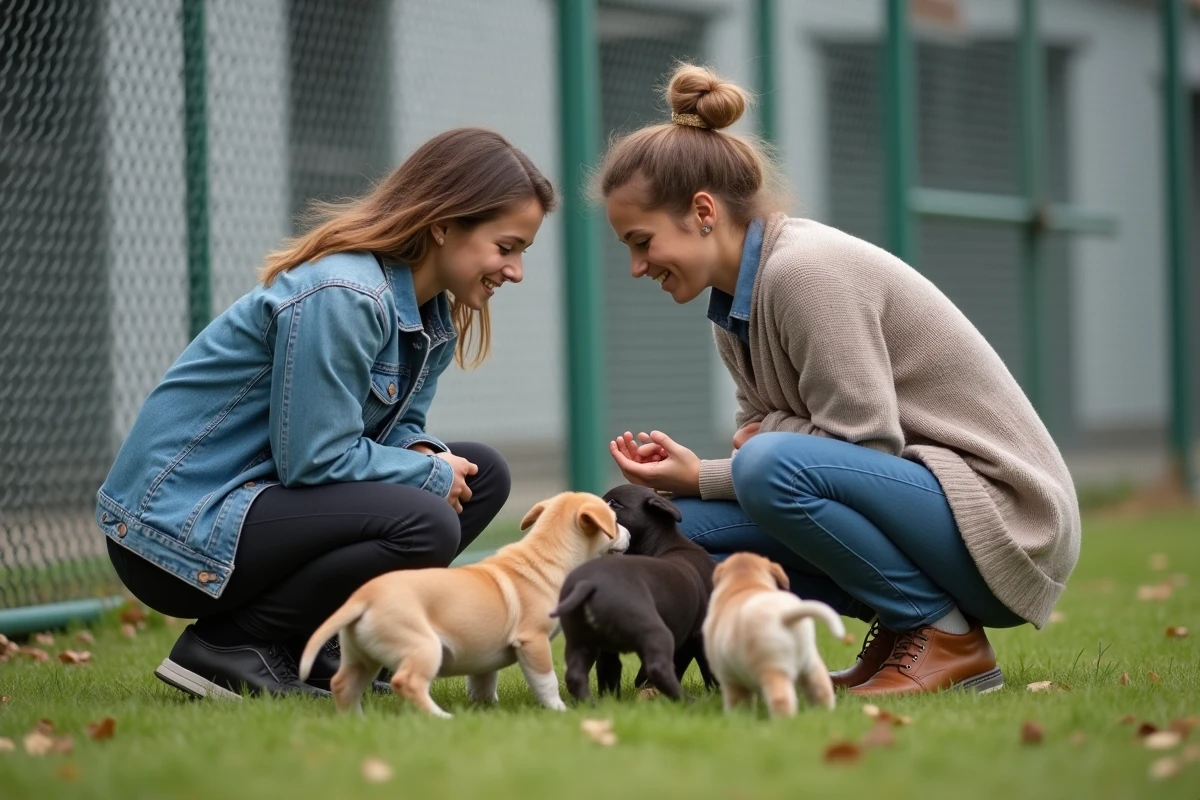 Jeune couple jouant avec des chiots dans un refuge