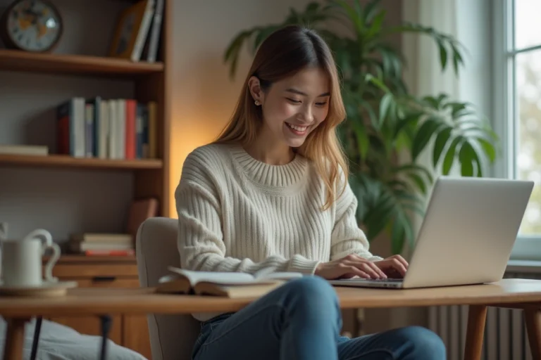 Jeune femme lisant manga sur ordinateur dans une chambre cosy