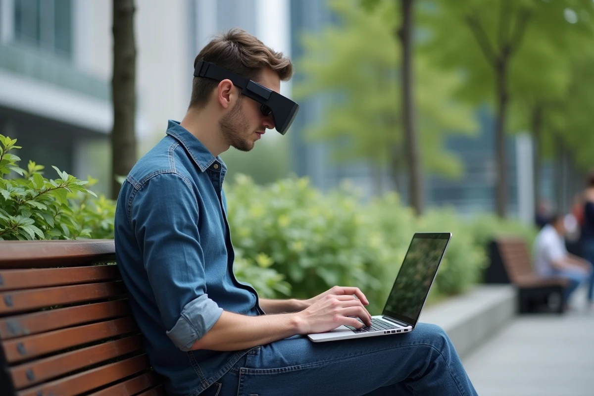 Jeune homme avec lunettes AR travaillant en extérieur en ville
