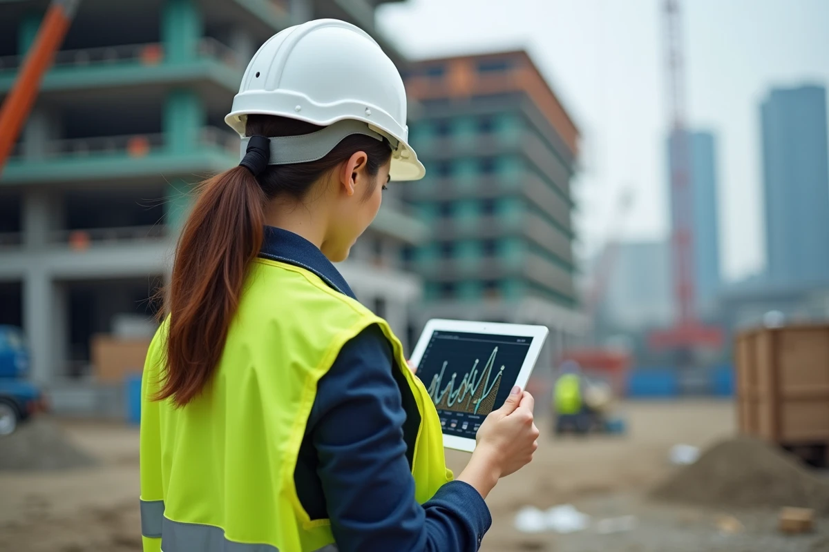 Jeune femme géomètre sur un chantier urbain
