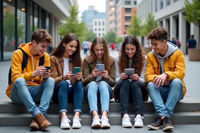 Groupe de jeunes urbains discutant sur mobiles en extérieur
