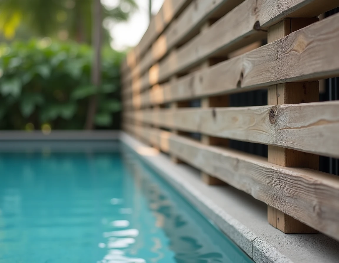 Lames de bois ajourées en claire-voie en teck grisé installées en brise-vue autour d'une piscine extérieure