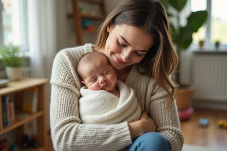 Maman et bébé souriants dans un salon lumineux