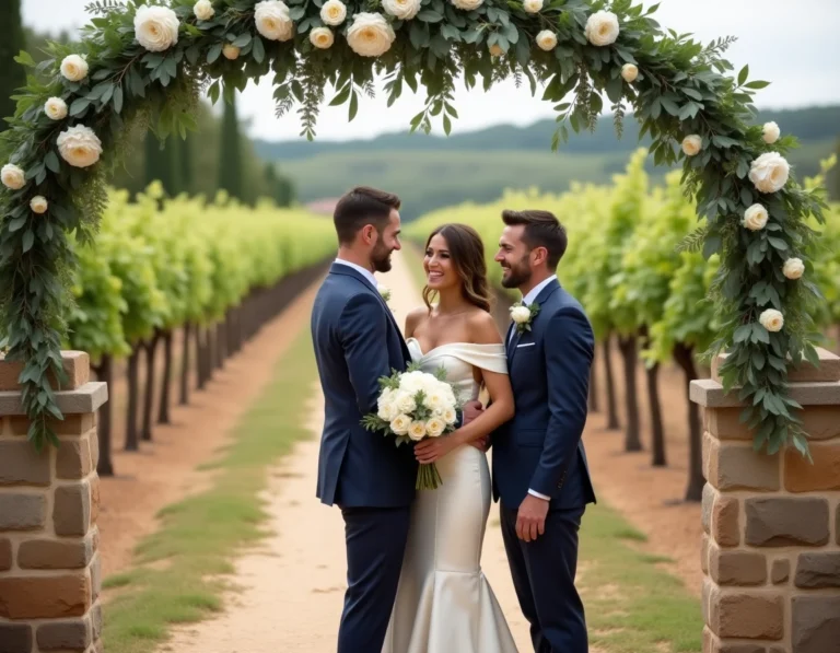 Couple de mariés riant sous une arche florale en pivoines blanches dans un vignoble provençal lors d'une cérémonie en plein air