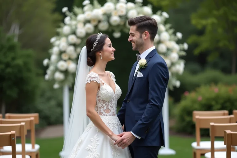 Jeune couple marié souriant dans un jardin lors du mariage