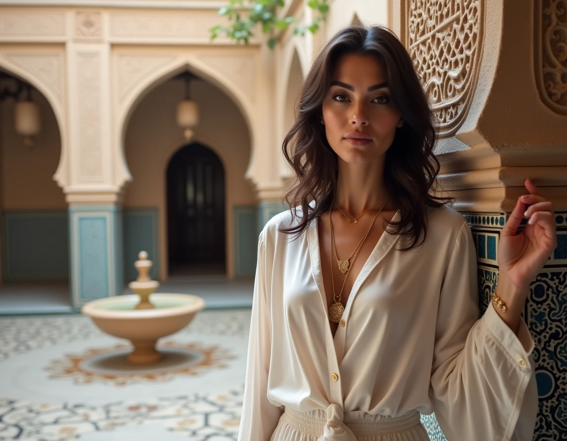 Femme d'origine arabe nord-africaine posant devant une arche marocaine ornée de zellige coloré dans un riad traditionnel