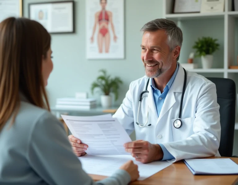 Médecin traitant en consultation avec une patiente, examinant des documents médicaux dans un cabinet moderne