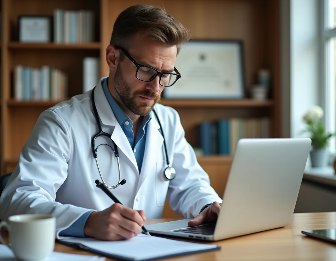 Médecin traitant rédigeant une ordonnance médicale dans son cabinet, illustrant ses obligations envers les patients