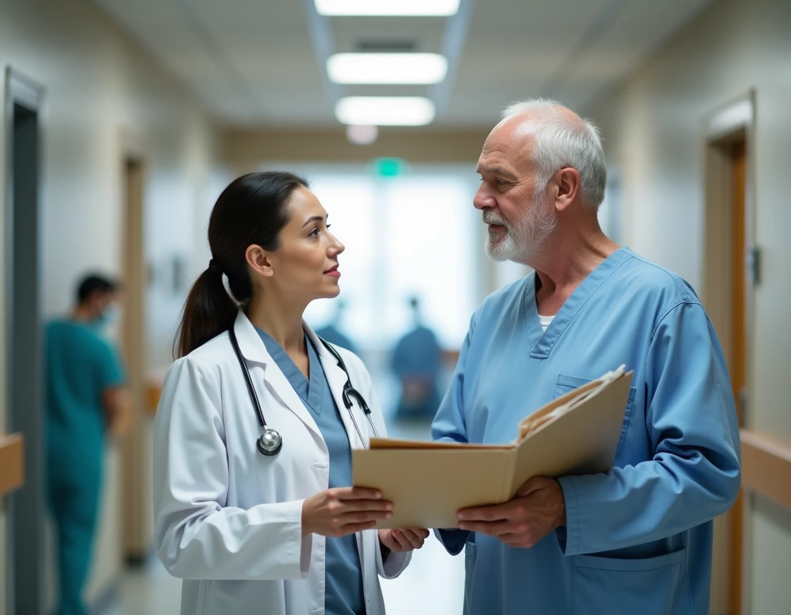 Médecin traitant discutant des obligations de soins avec un patient âgé dans un couloir d'hôpital