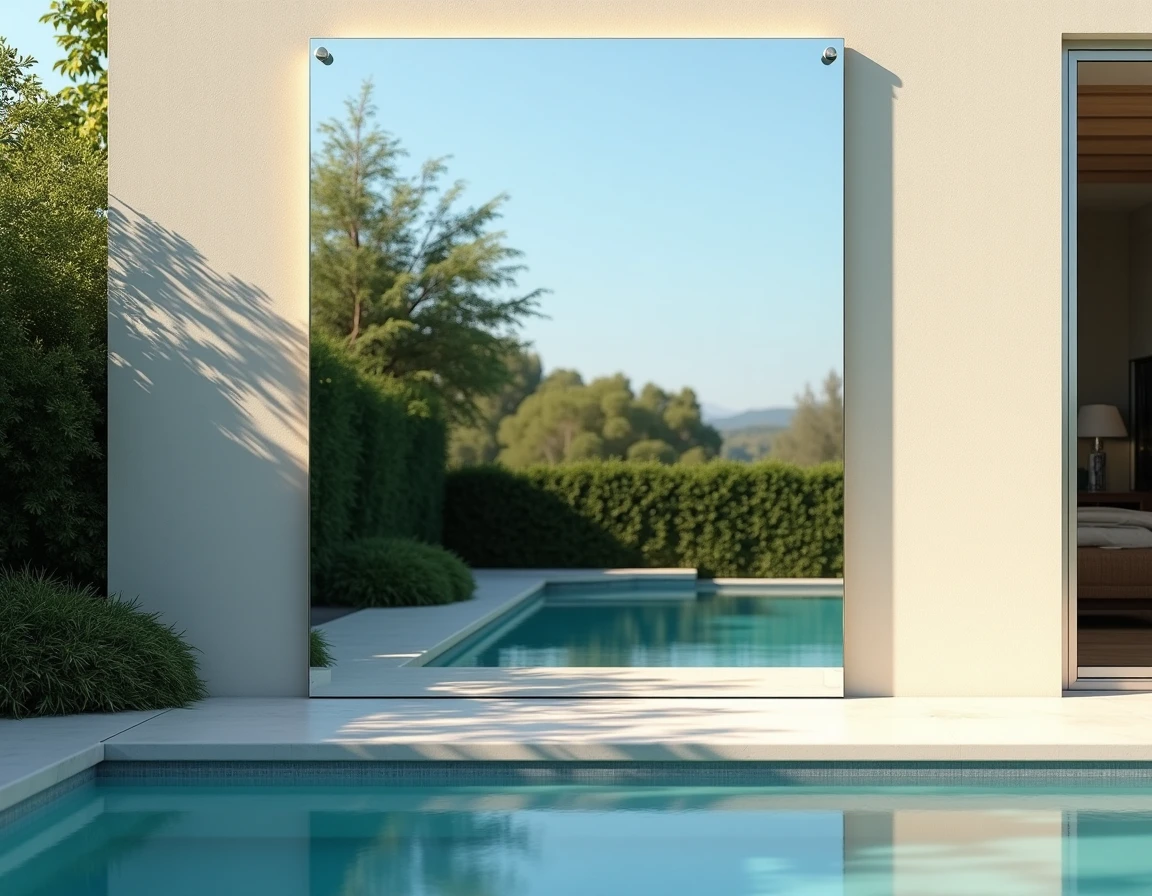Grand miroir d'extérieur en acrylique traité anti-UV monté sans cadre sur un mur de piscine reflétant le jardin