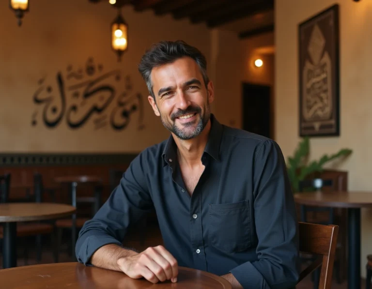Portrait d'un homme d'origine moyen-orientale assis dans un café traditionnel nord-africain avec calligraphie arabe en arrière-plan
