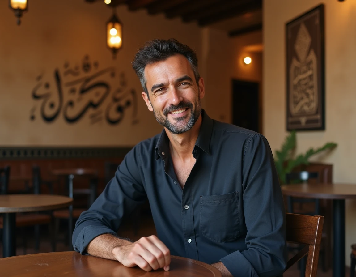 Portrait d'un homme d'origine moyen-orientale assis dans un café traditionnel nord-africain avec calligraphie arabe en arrière-plan
