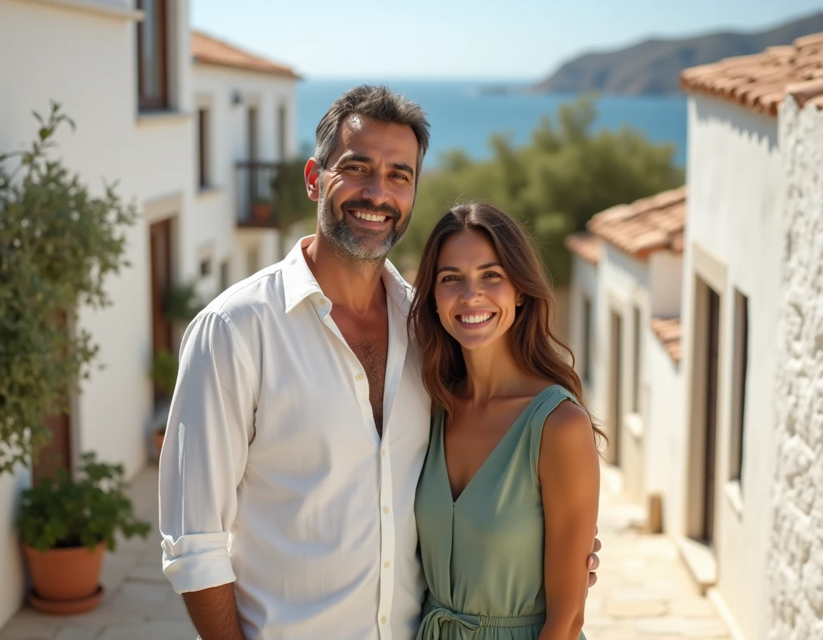 Homme et femme d'origines moyen-orientale et nord-africaine souriants ensemble dans un village méditerranéen côtier aux toits en tuiles