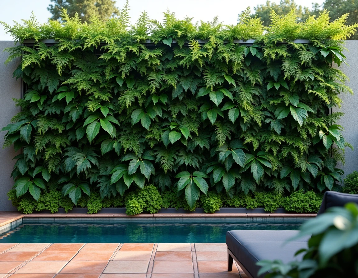 Mur végétal dense sur treillage en inox fixé contre le mur d'une piscine extérieure avec fougères et succulentes