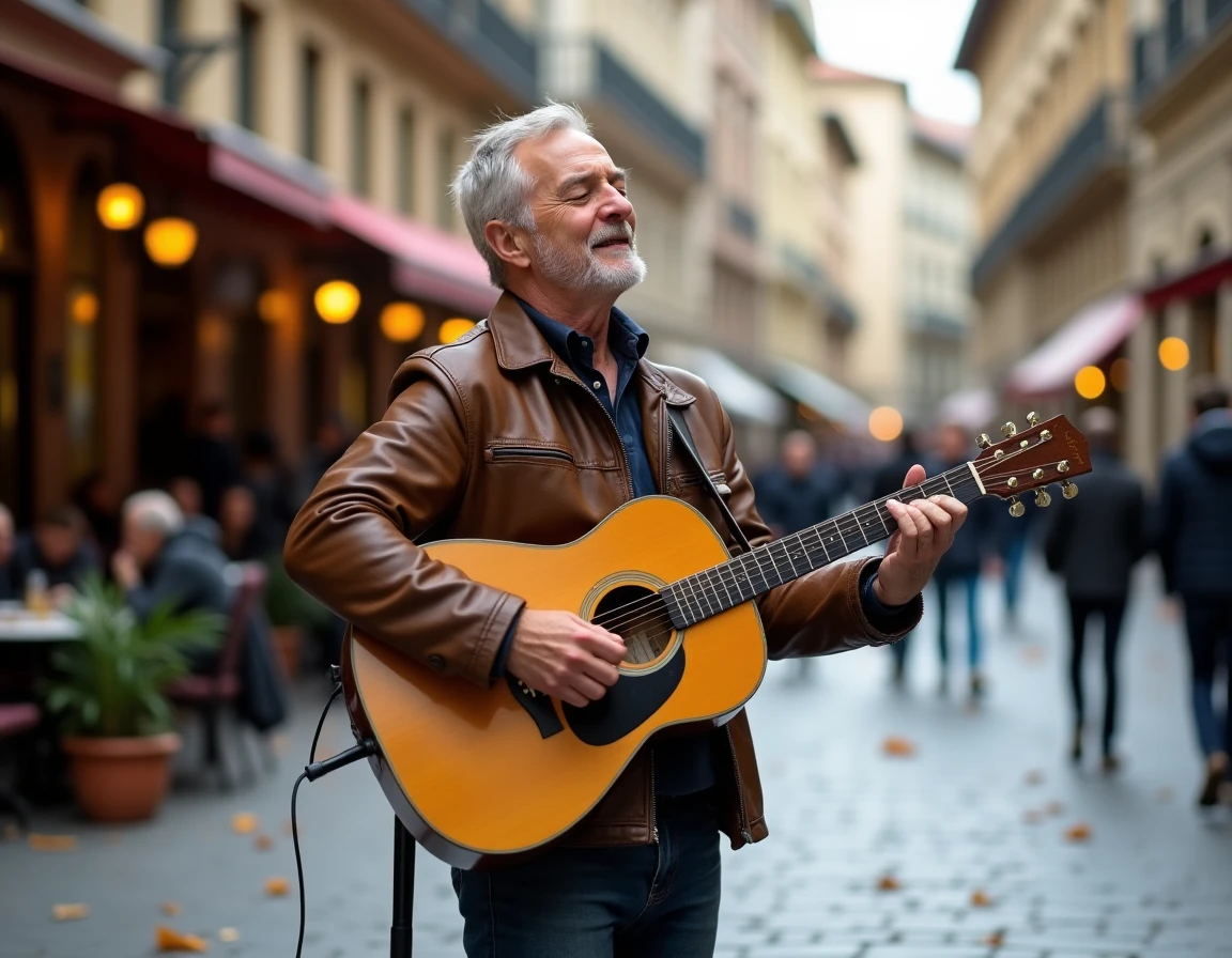 Musicien de rue jouant de la guitare acoustique sur des pavés dans une ville européenne historique en automne