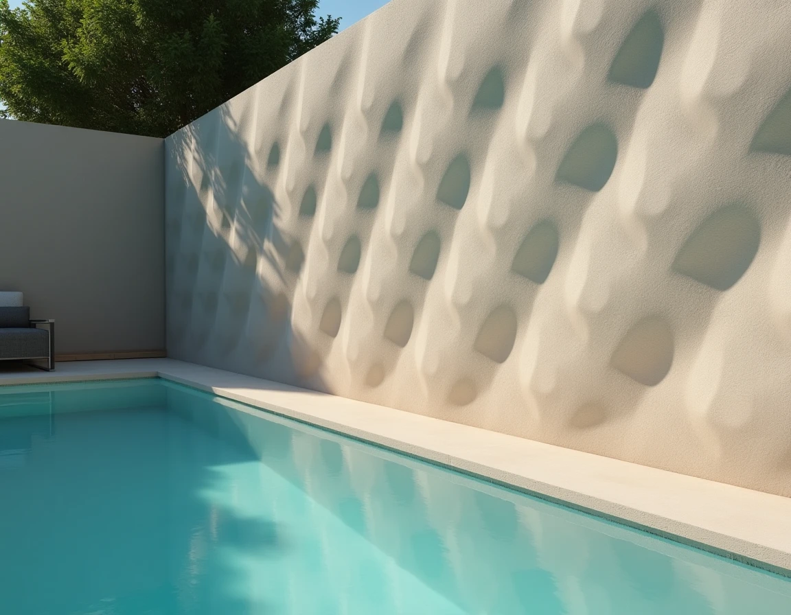Panneau mural composite à motifs géométriques 3D en relief installé le long d'un mur de piscine extérieure