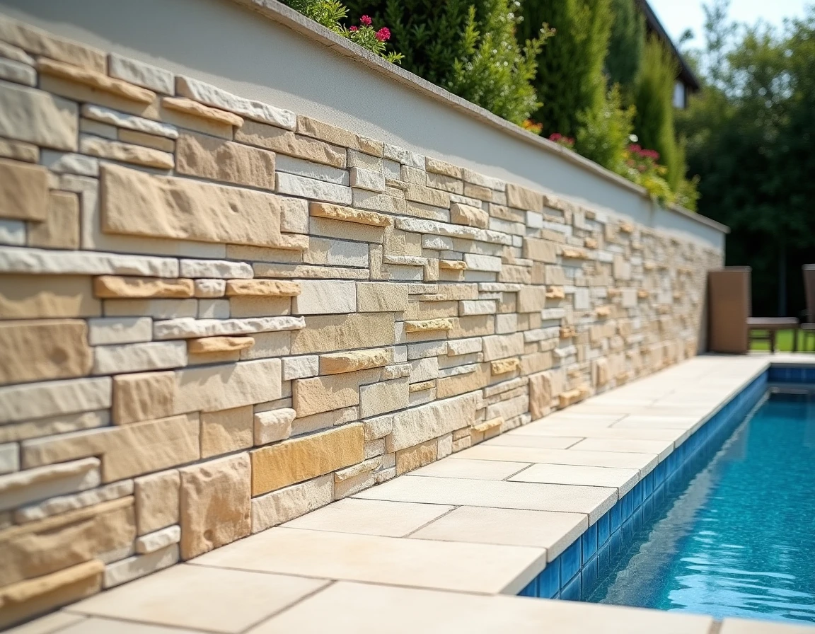 Parement en pierre naturelle reconstituée en calcaire beige posé en appareillage décalé sur un mur de piscine