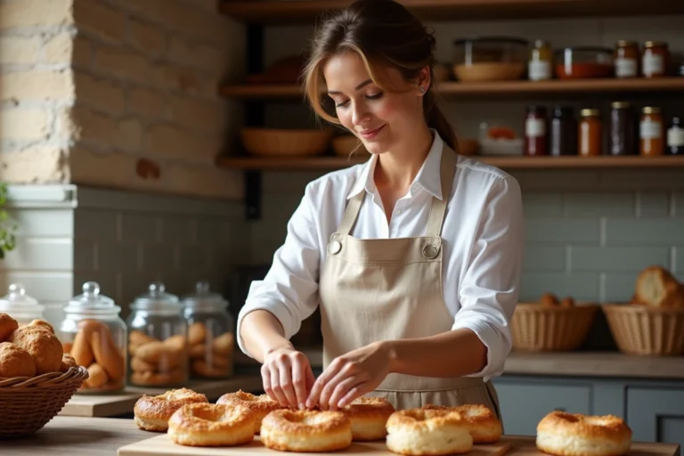 Femme élégante en blouse blanche dans une boulangerie artisanale