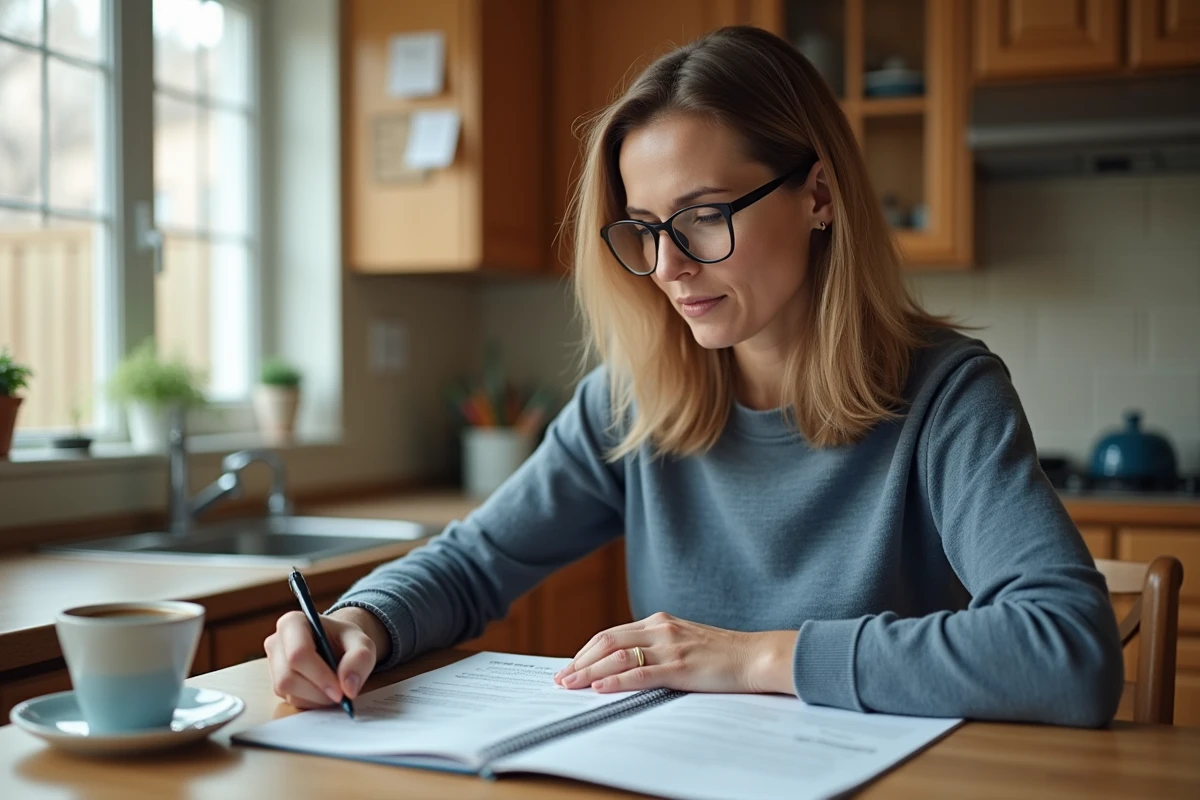 Femme consultant un plan de sécurité communautaire à sa table de cuisine