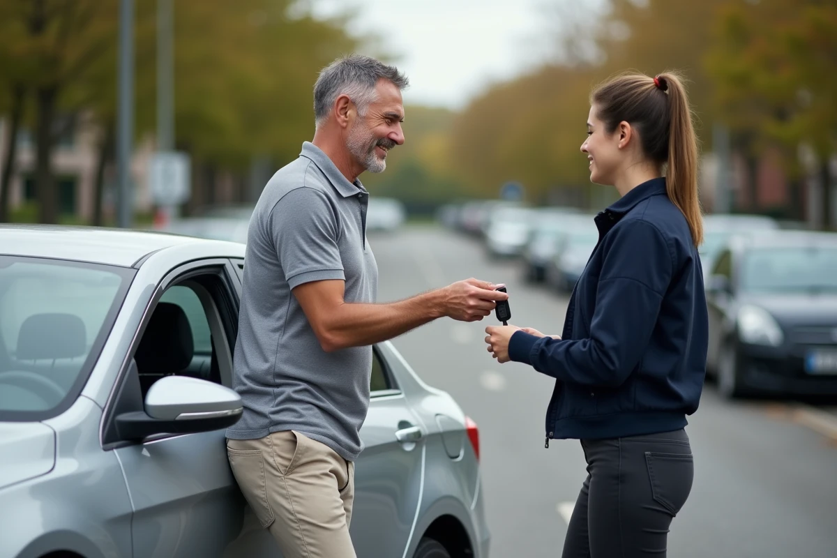 Homme remettant les clés d'une voiture à une femme dans un parking, symbolisant l'assurance d'un véhicule au nom d'un tiers