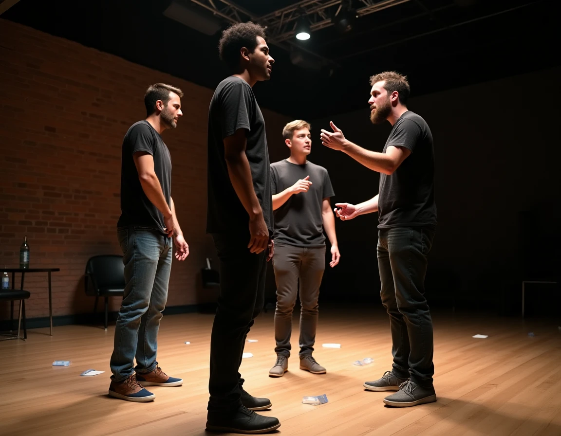 Répétition de théâtre avec trois acteurs sur scène dans un théâtre de type boîte noire avec briques apparentes