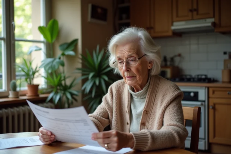Femme retraitée française lit ses relevés bancaires à la maison