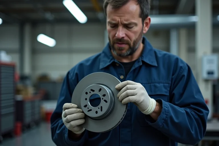 Technicien automobile inspectant un disque en céramique dans un atelier