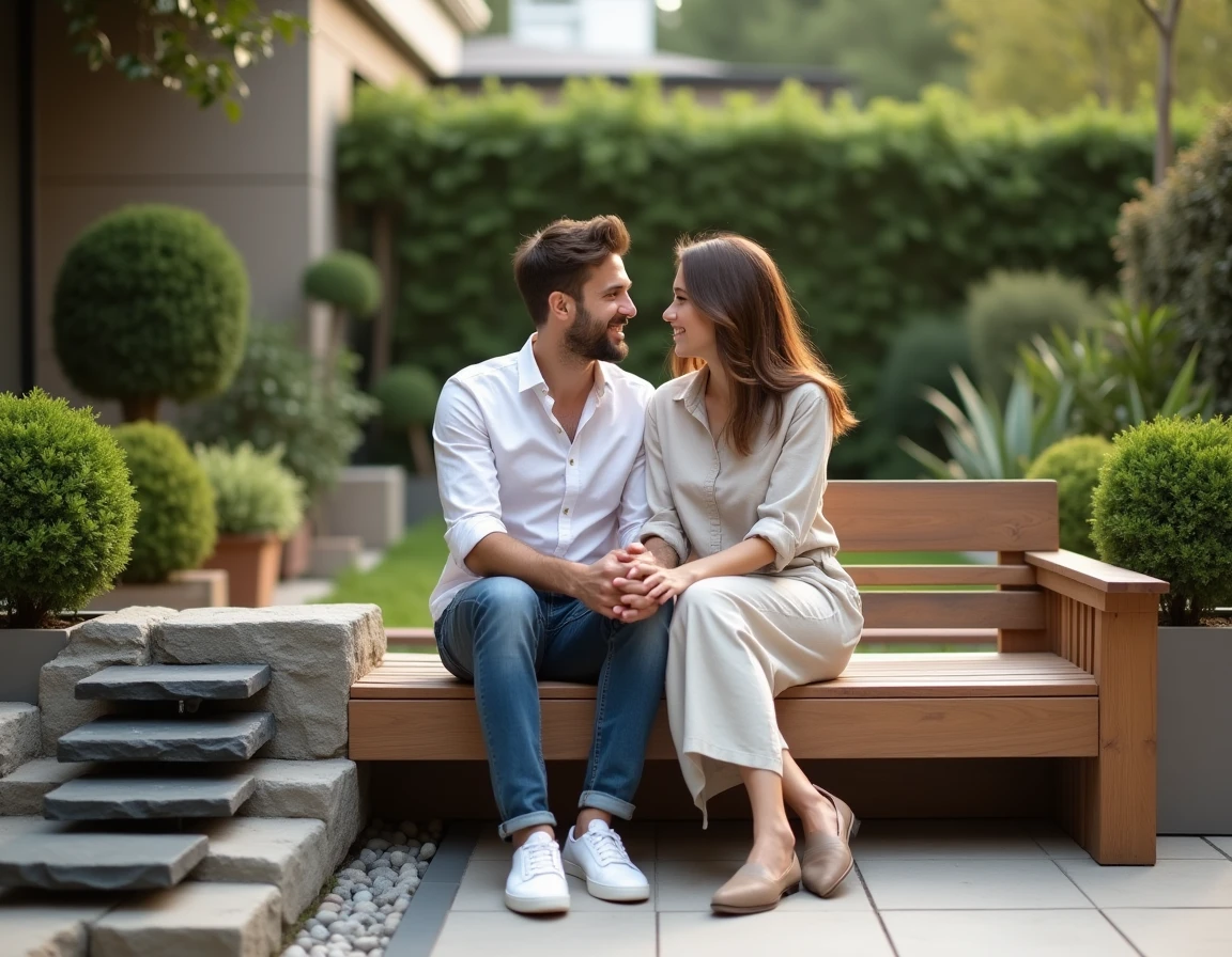 Couple installé sur une terrasse aménagée avec banc en teck, fontaine en ardoise et végétation méditerranéenne