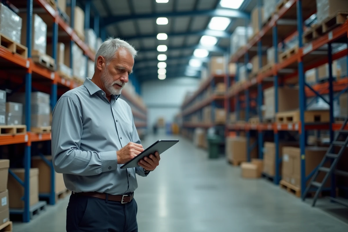 Expert en évaluation de biens industriels documentant l'équipement dans un entrepôt